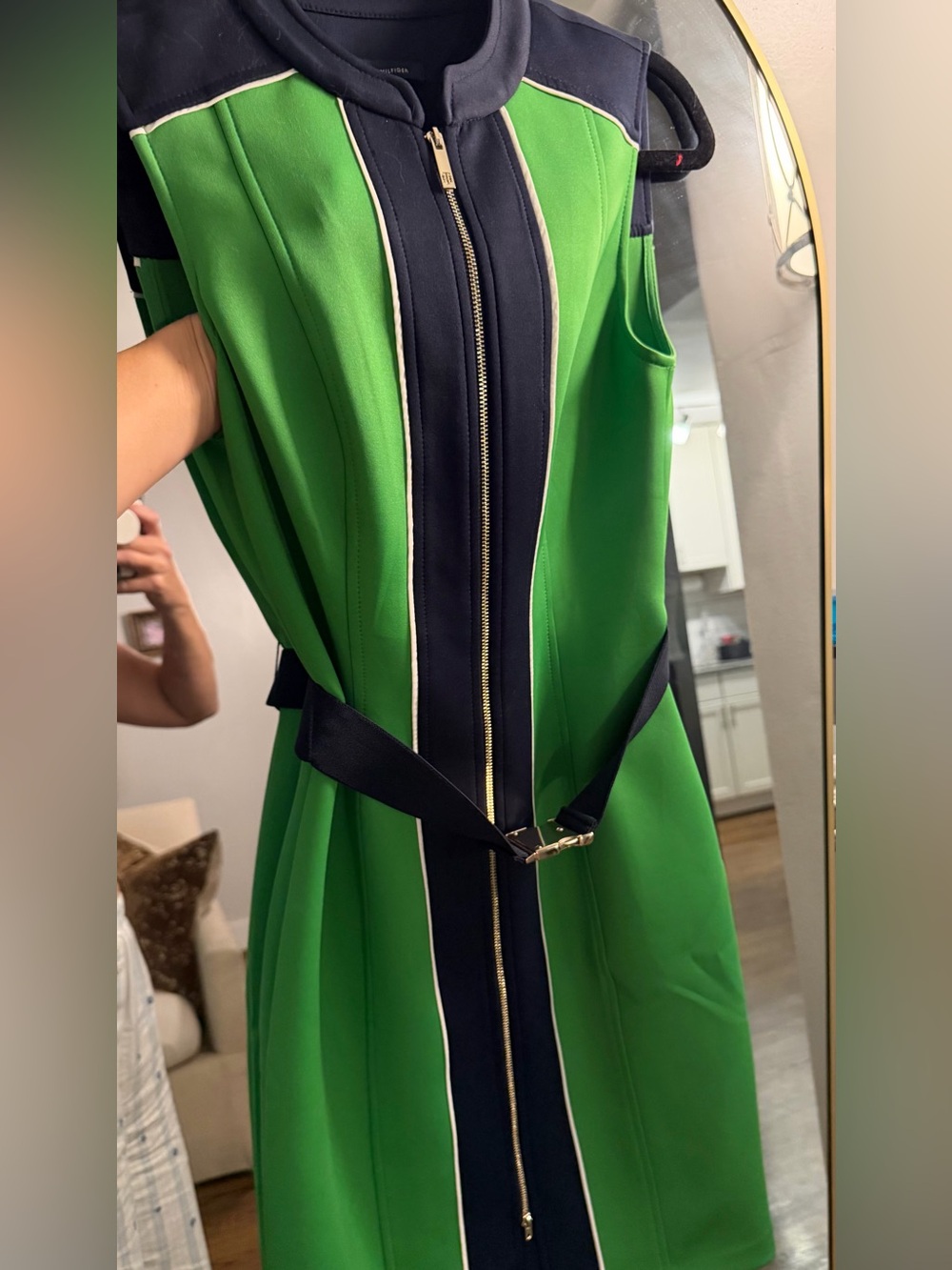 Tommy Hilfiger Green Sleeveless Zip-Front Dress with Navy Accents